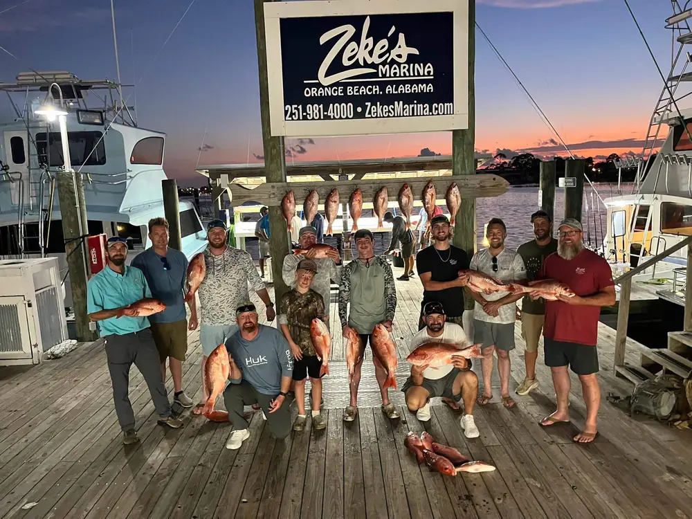 A charter group at Zeke's Landing at sunset