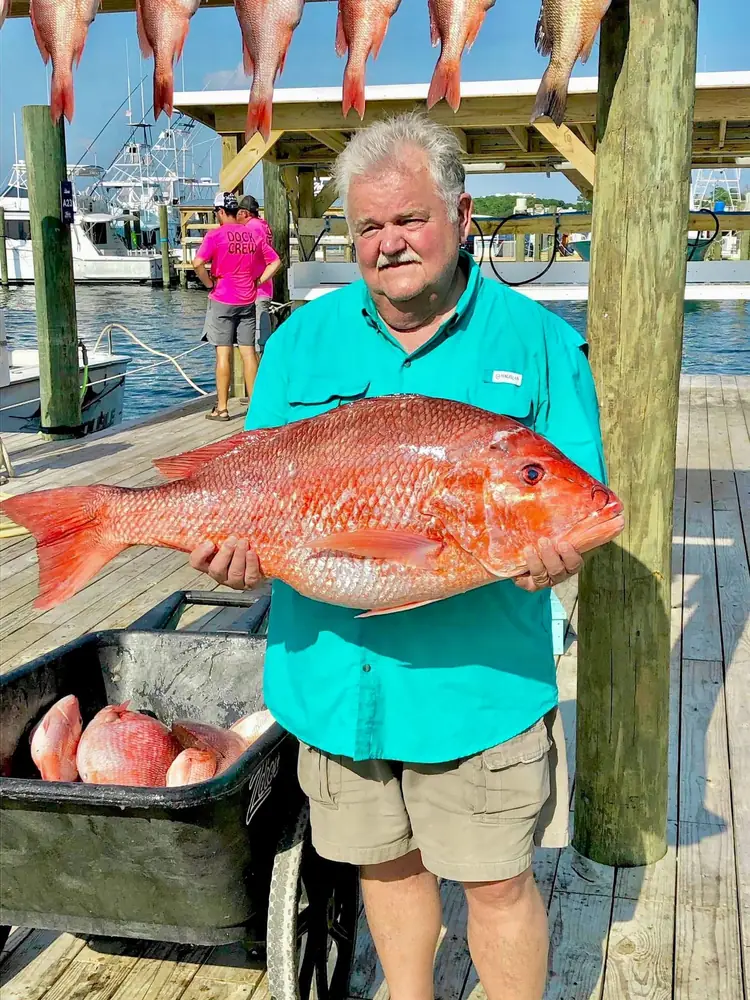 An angler holding a large red snapper at the marina