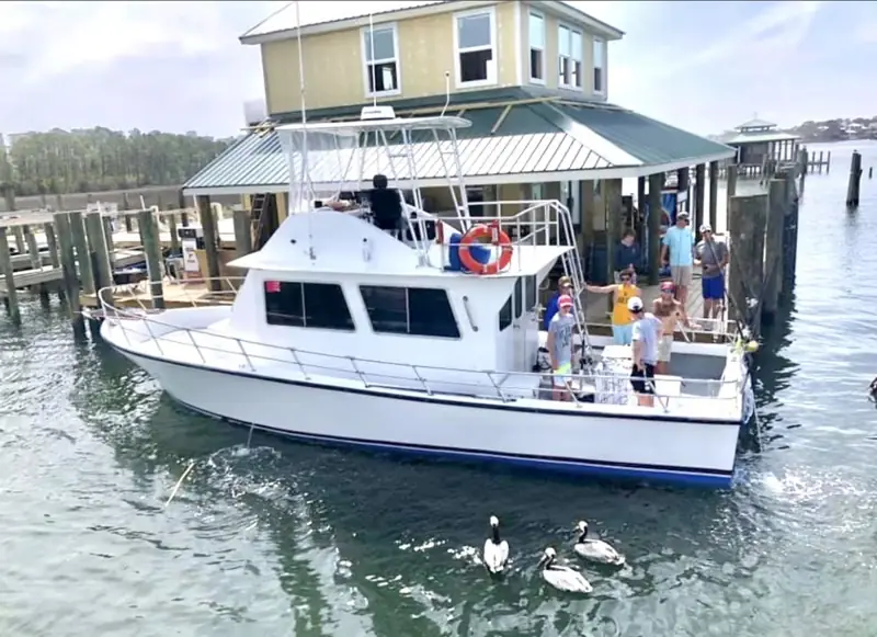 A Riptide charter boat at her slip in Orange Beach