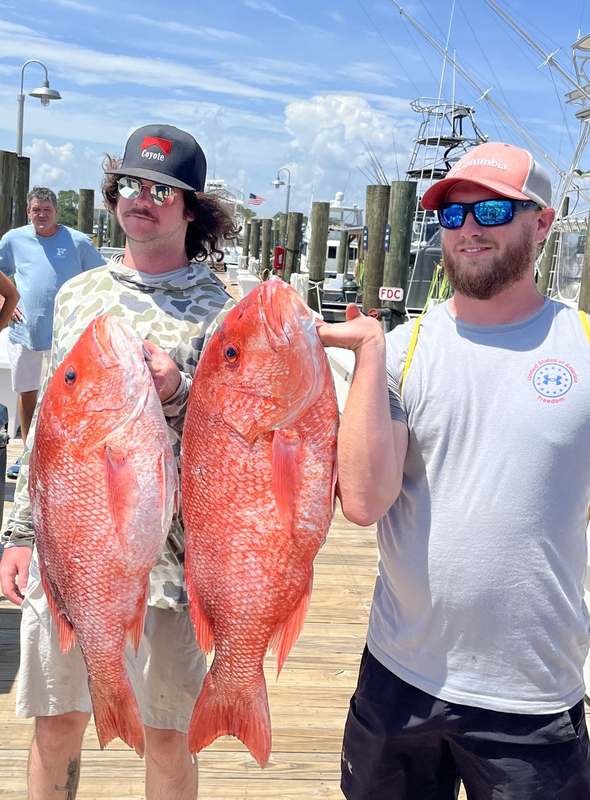 A guest holding two heavy red snapper on the dock
