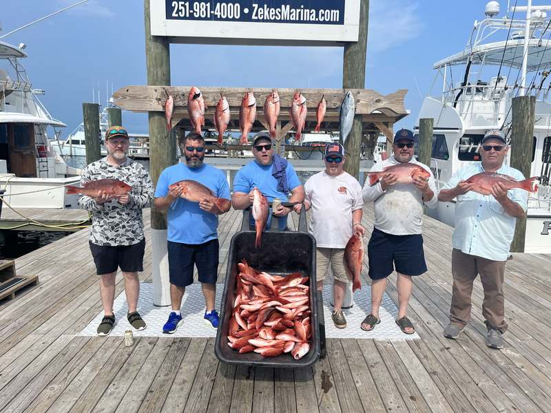 A full rack of red snapper hanging at the marina