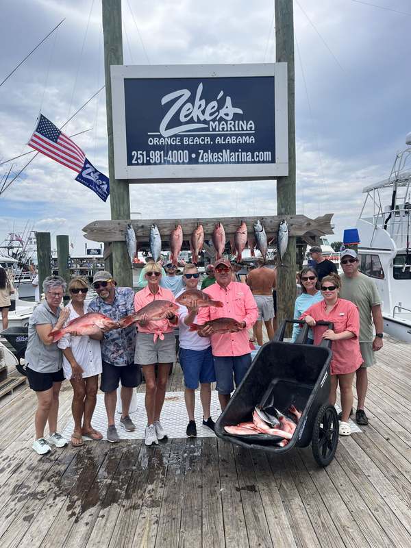 The day's catch on the rack with the marina behind