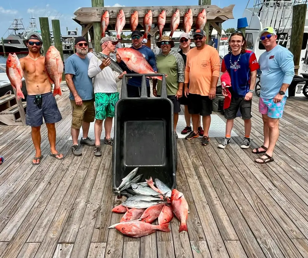 A big charter party with a full cart of Gulf red snapper